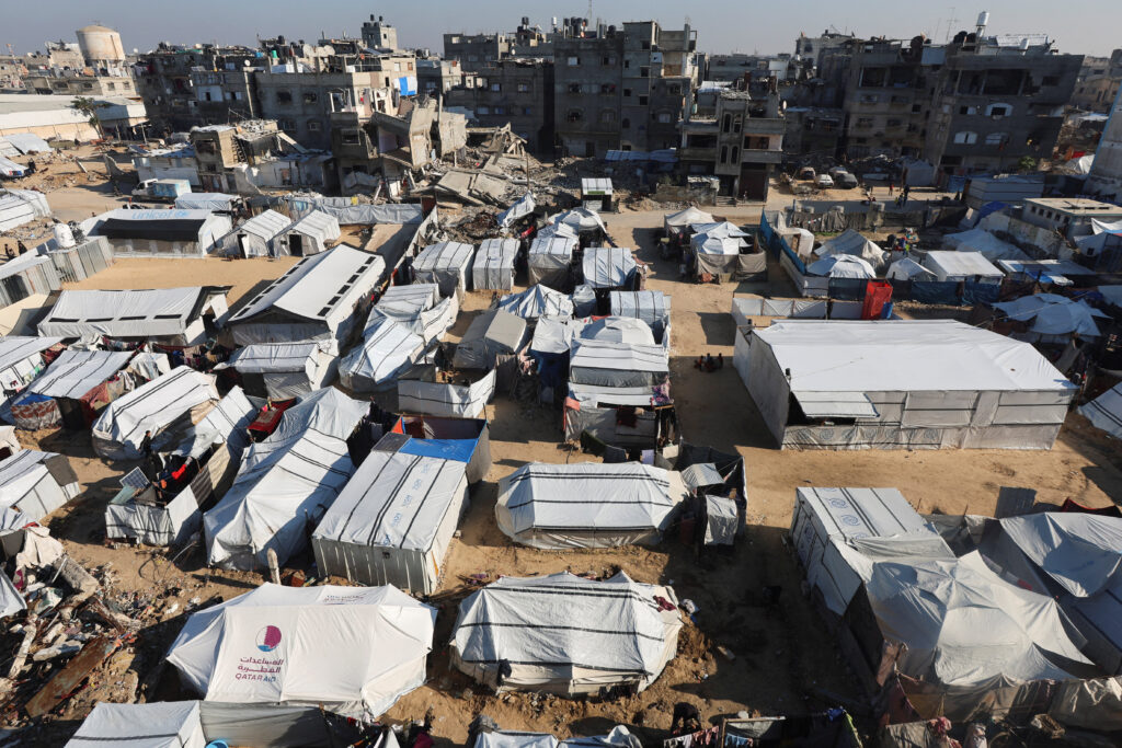 General view shows tents sheltering displaced Palestinians amid harsh winter conditions, in Khan Younis