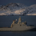 The Danish military Offshore Patrol Vessel P572 HDMS Lauge Koch sails near Nuuk’s old harbour