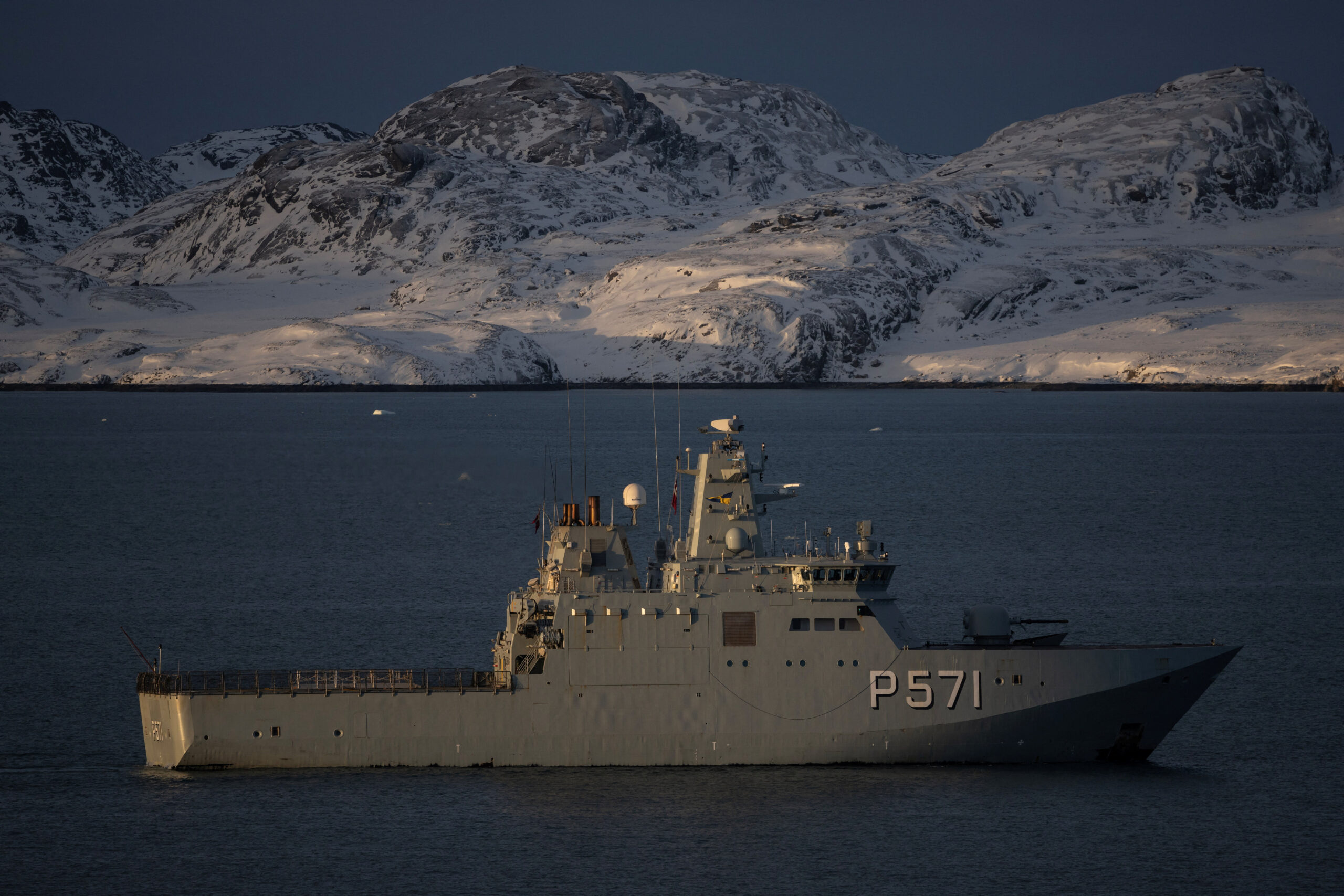 The Danish military Offshore Patrol Vessel P572 HDMS Lauge Koch sails near Nuuk’s old harbour