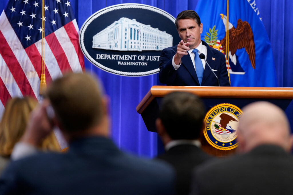Deputy U.S. Attorney General Todd Blanche holds a press conference at the Justice Department in Washington