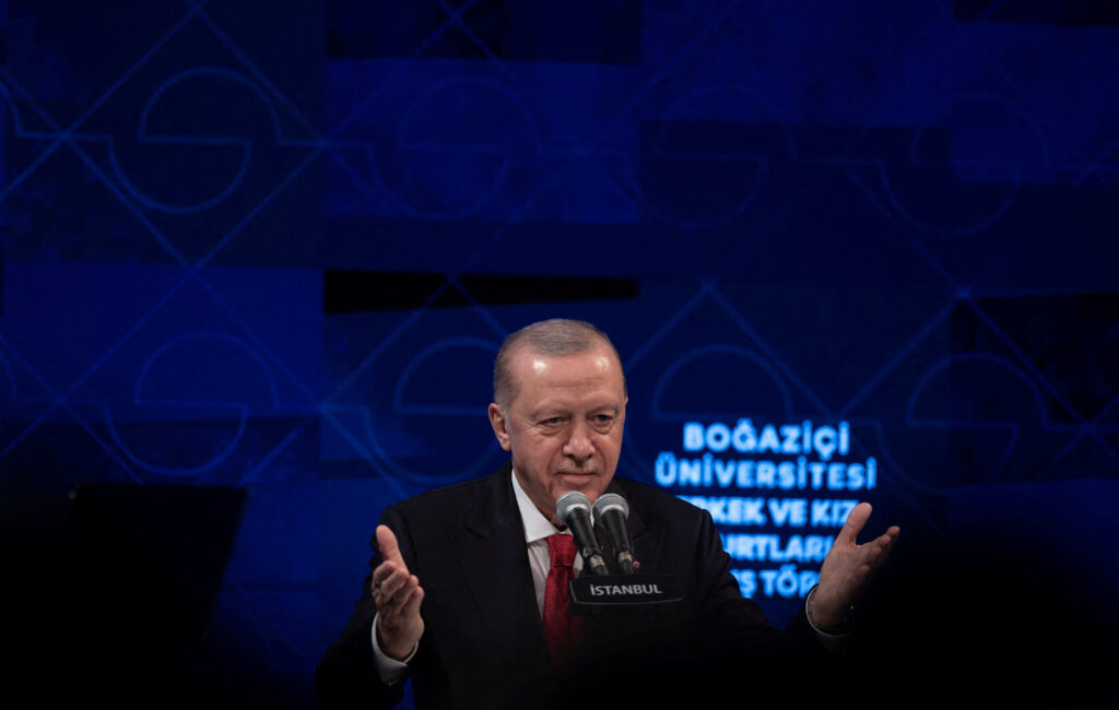 Turkish President Tayyip Erdogan delivers a speech at Bogazici University in Istanbul