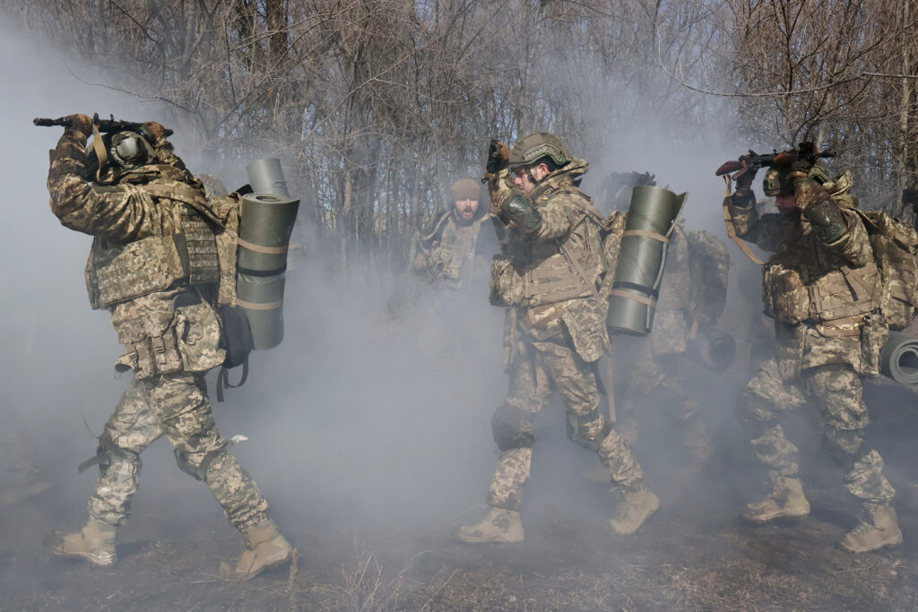 Ukrainian service members attend a military training near a frontline in Zaporizhzhia region