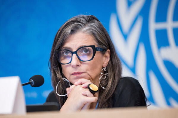 FILE PHOTO: UN special rapporteur on human rights in Palestinian territories Francesca Albanese attends press conference in Geneva
