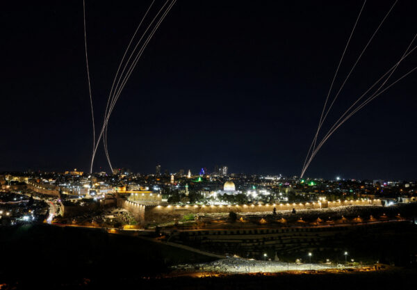 An interception attempt is made by Israel as missiles are launched from Iran, following Israeli and U.S. strikes on Iran, in Jerusalem