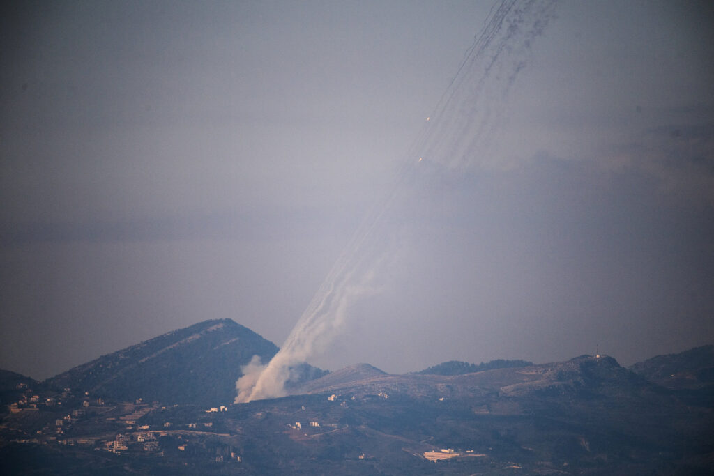 Rockets being launched from Lebanon towards Israel as it is seen from the Israeli side of the border, following an escalation between Hezbollah and Israel amid the U.S.-Israeli conflict with Iran