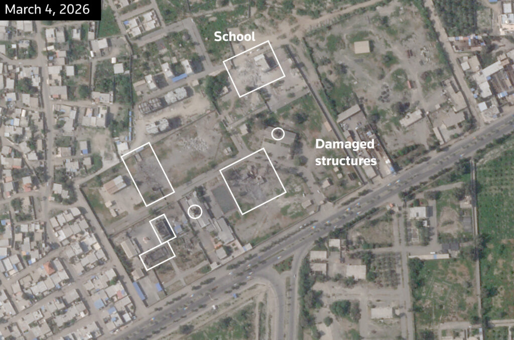 A satellite image, annotated by Reuters, shows the Shajareh Tayyebeh girls’ school and other structures damaged after being struck, amid the U.S.-Israeli conflict with Iran, in Minab