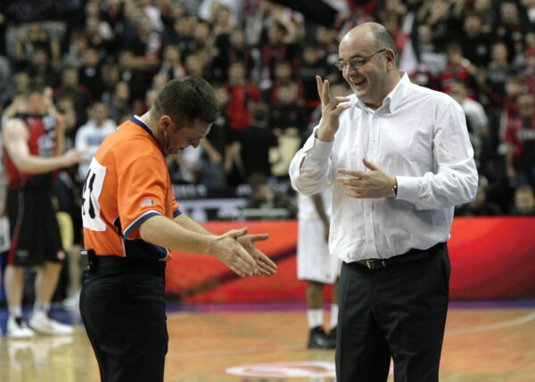 Partizan Belgrade’s coach Vujosevic argues with the referee during their men’s basketball Euroleague game against Lietuvas Rytas in Vilnius