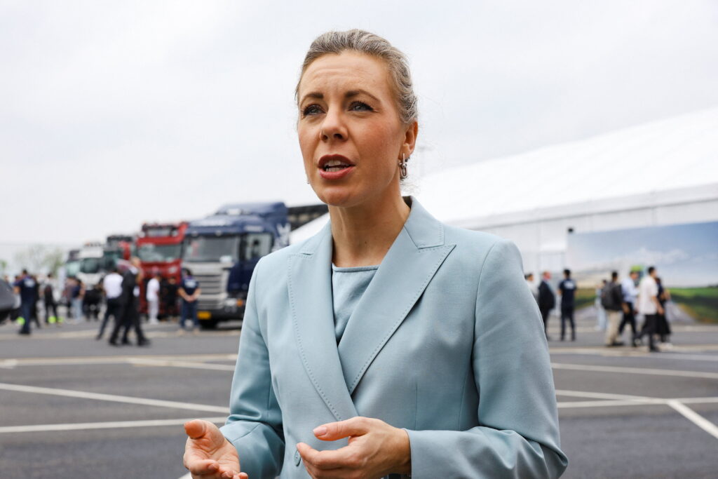 Swedish Minister for EU Affairs Jessica Rosencrantz speaks during an interview before inauguration ceremony of Scania’s production line in Rugao