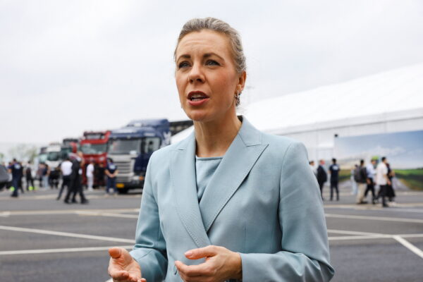 Swedish Minister for EU Affairs Jessica Rosencrantz speaks during an interview before inauguration ceremony of Scania’s production line in Rugao