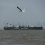 FILE PHOTO: A bird flies near the Jag Vasant vessel transferring LPG at a port after transiting the Strait of Hormuz amid supply disruptions linked to the U.S-Israeli conflict with Iran, in Mumbai