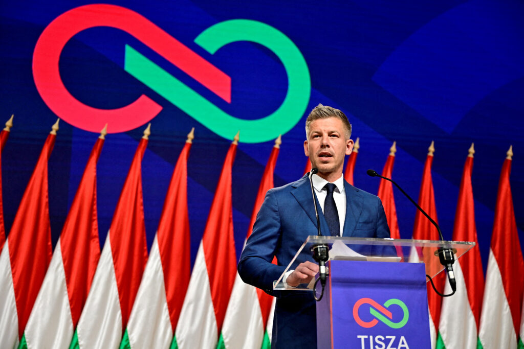 FILE PHOTO: Peter Magyar holds a press conference a day after the parliamentary election in Budapest