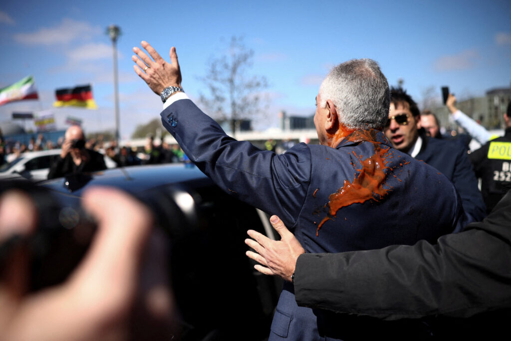Reza Pahlavi, the exiled son of Iran’s last shah and an Iranian opposition figure, leaves after a press conference at the House of the Bundespressekonferenz in Berlin