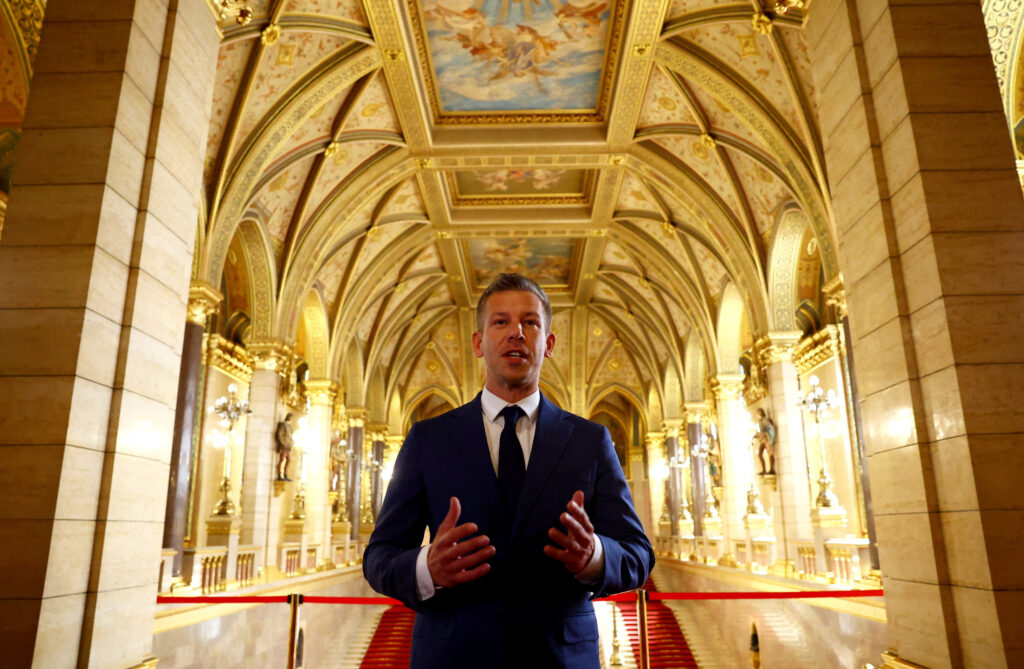 Hungary’s election winner Magyar talks to the media after talks between parties on preparations for the first session of the Parliament in Budapest