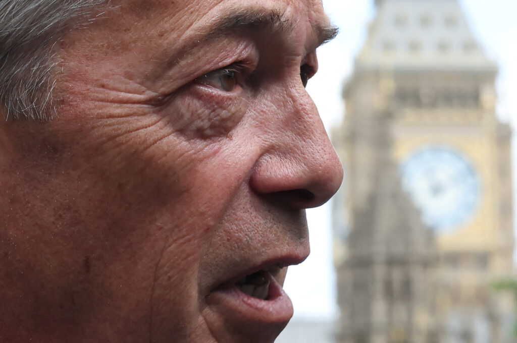Britain’s Reform UK leader Farage attends photocall near the Houses of Parliament, ahead of upcoming local and devolved parliamentary elections on May 7, in London