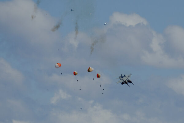 Military jets’ crew members eject safely following a mid-air collision during the Idaho air show outside Mountain Home Air Force Base in Idaho