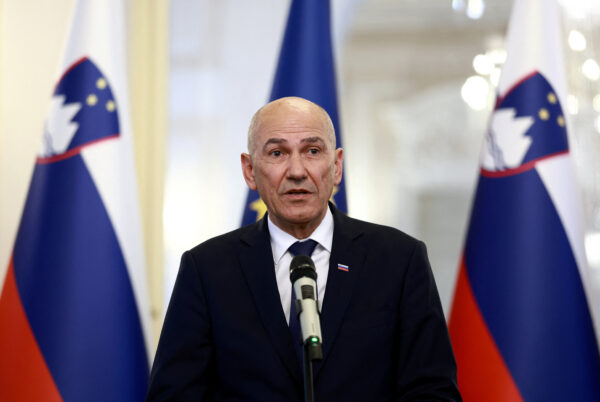 Slovenia’s new Prime Minister Janez Jansa speaks at a news conference after the signing of the new government in Ljubljana