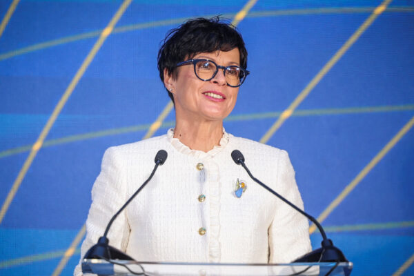 European Enlargement Commissioner Marta Kos attends a forum, in Kyiv