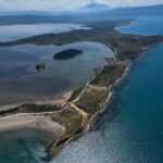 A drone view of a bay at the Vjosa-Narta Protected Area, where a luxury resort is planned by a company linked to Donald Trump’s son-in-law, Jared Kushner, in Zvernec