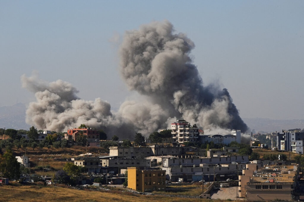 Smoke billows from southern Lebanon following an Israeli strike, as seen from Nabatieh