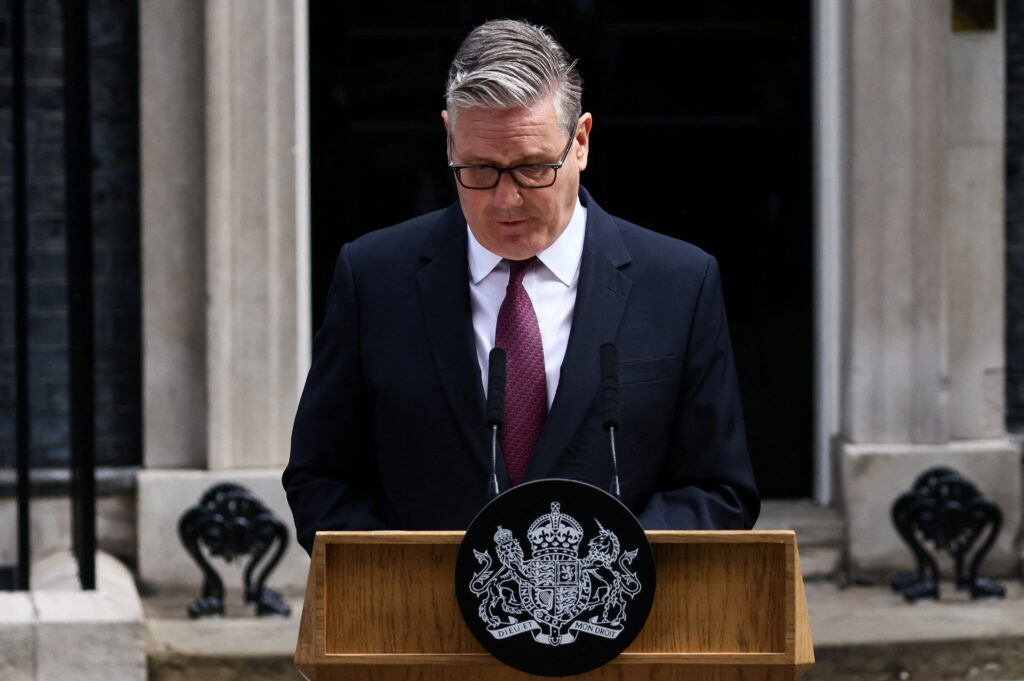 Britain’s PM Starmer announces the timeline for his resignation outside 10 Downing Street, in London