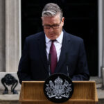 Britain’s PM Starmer announces the timeline for his resignation outside 10 Downing Street, in London