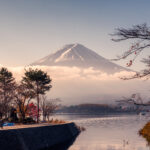 Fuji-san with cloudy in autumn garden at Kawaguchiko lake