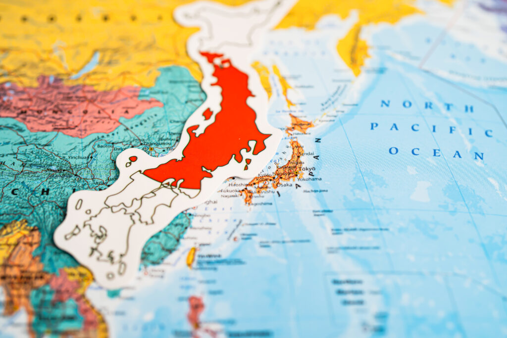 Bangkok, Thailand – September 20, 2021 Japan flag on world map b
