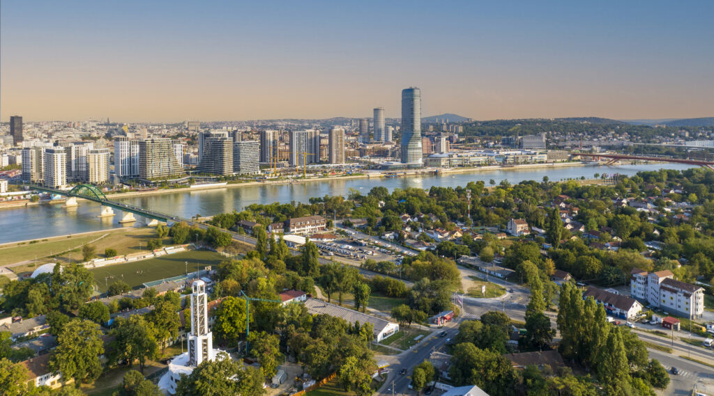 Panoramic night view of Belgrade Waterfront, Sava River, Belgrad