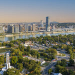 Panoramic night view of Belgrade Waterfront, Sava River, Belgrad