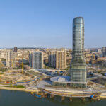 Panoramic night view of Belgrade Waterfront, Sava River, Belgrad