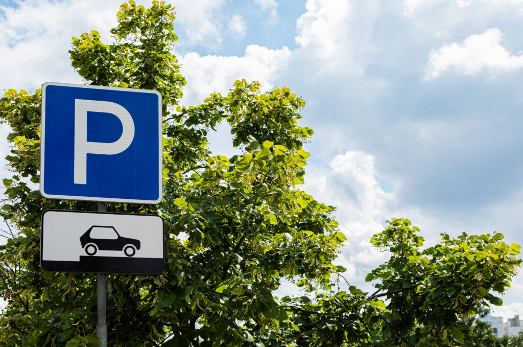 Parking roadsign outdoors, car storage