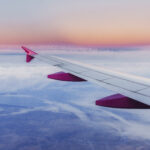 Wing aircraft and a view of cumulus clouds