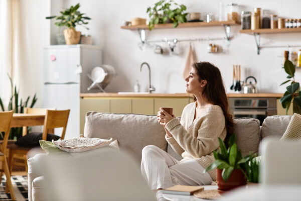 A woman sits quietly on a couch, engaging in deep thought while holding a warm drink.