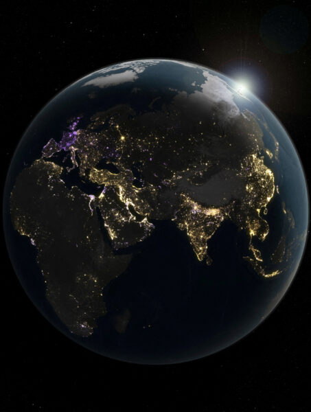 FILE PHOTO: A nighttime view of Earth derived from satellite images, capturing human activity on the planet through the emissions of artificial light