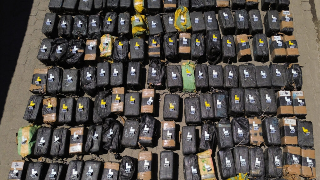 Bundles of cocaine seized at sea by El Salvador’s navy are displayed during a press conference at a base in San Luis la Herradura
