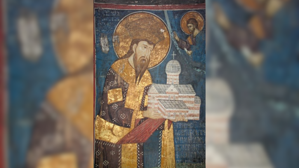 Freska kralja Stefana Dečanskog sa maketom crkve, manastir Visoki Dečani (oko 1350. godine)