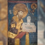 Freska kralja Stefana Dečanskog sa maketom crkve, manastir Visoki Dečani (oko 1350. godine)