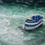 Falls boat tour ship with tourists moves to Niagara falls
