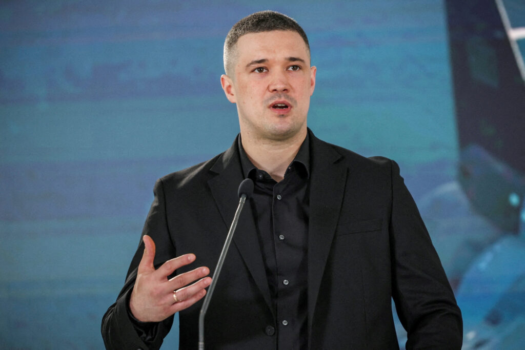 FILE PHOTO: Mykhailo Fedorov attends a press conference in Kyiv