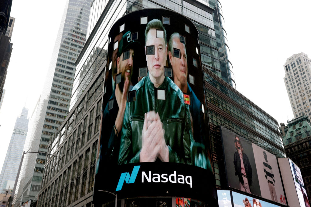 FILE PHOTO: A billboard of SpaceX is pictured on the day of SpaceX’s initial public offering (IPO) at the Nasdaq MarketSite, in New York City