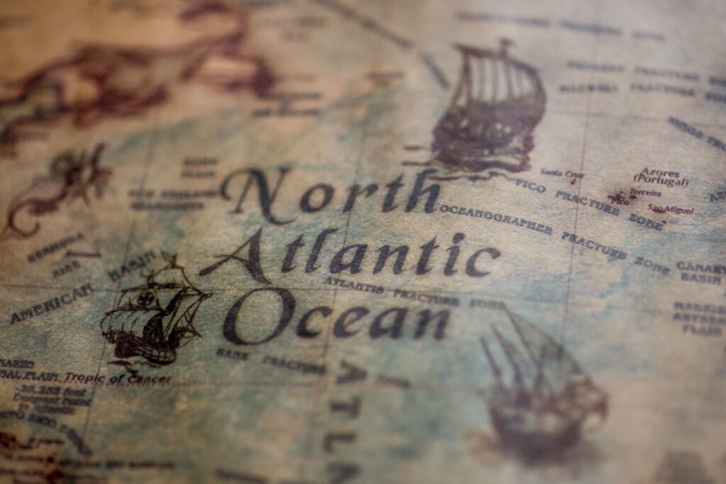 Closeup shot of the North Atlantic Ocean on a vintage map