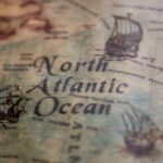 Closeup shot of the North Atlantic Ocean on a vintage map